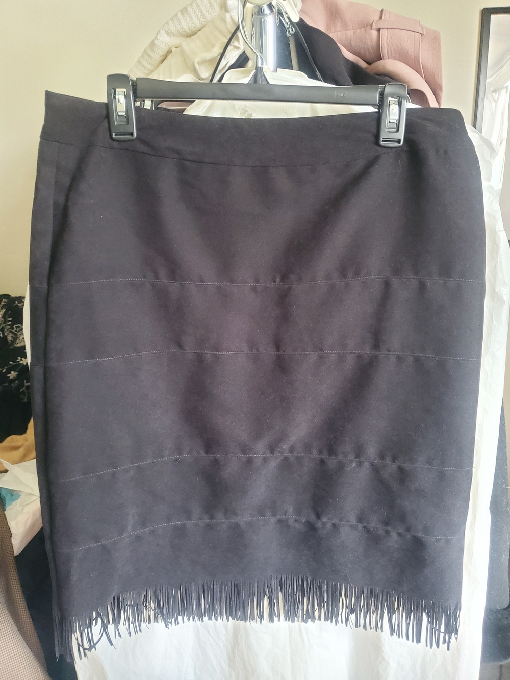 Fringe-Hem Suede Black Pencil Skirt